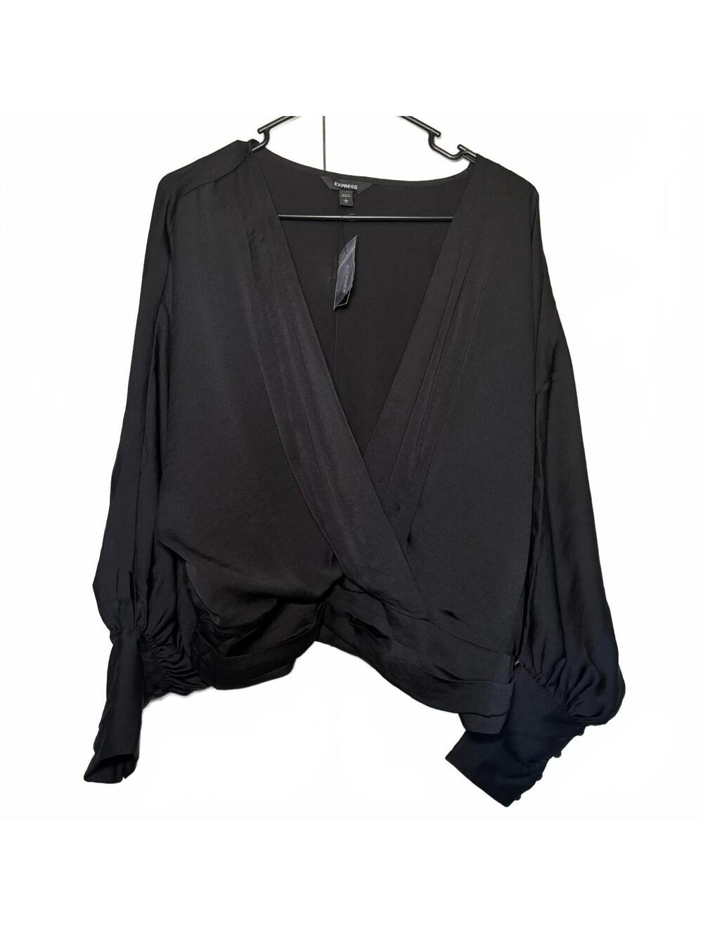 Express Black Surplice V-Neck Blouse with Batwing Sleeves, Size Large